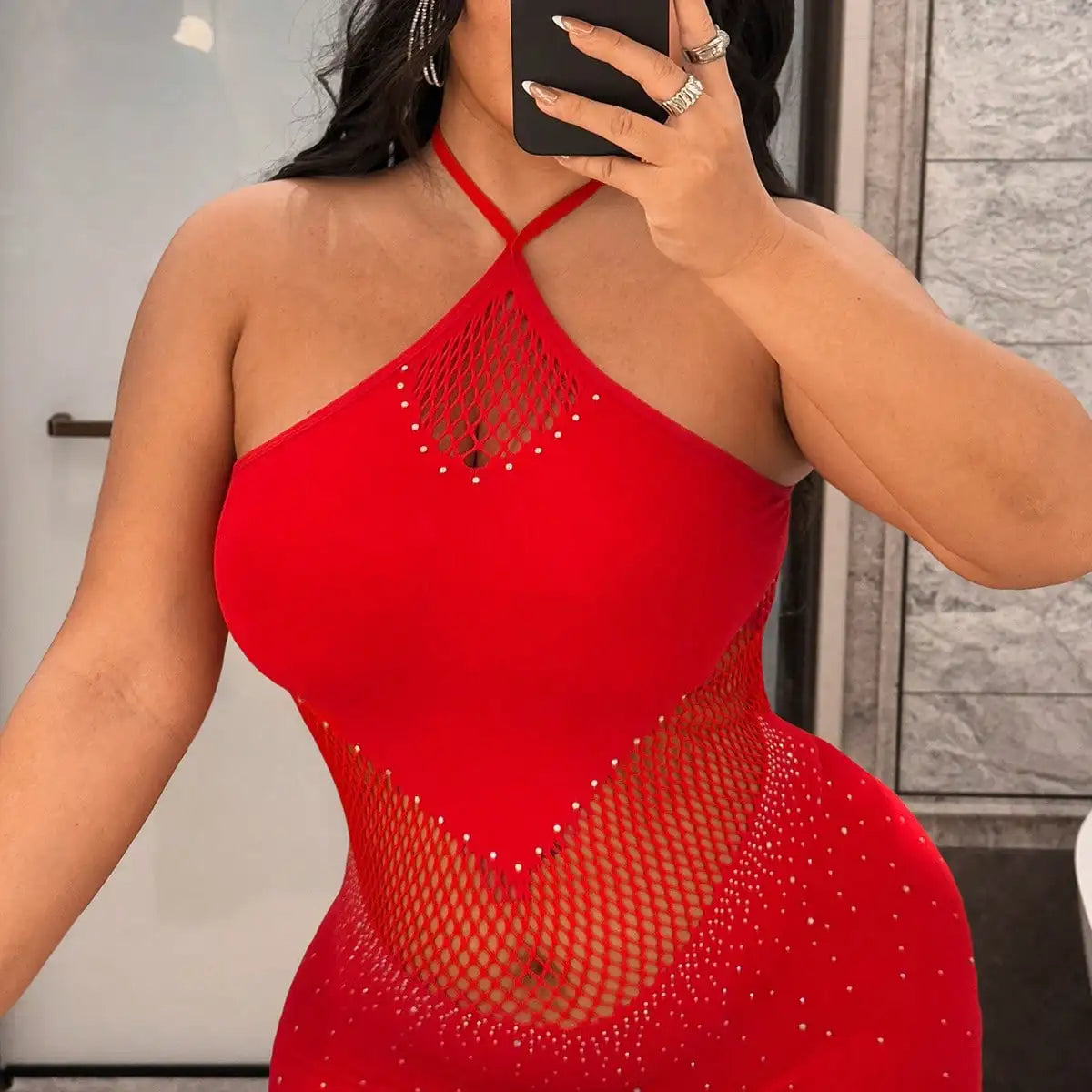 Women Rhinestone Sexy Dress Mesh Hollow Out Fitted Mini Dress Plus Size Sleeveless Skirt Club Party Summer Beach Wear Dress