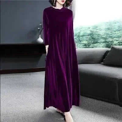 Elegant Velvet Long Dress for Middle-Aged And Elderly Women Autumn New Style Korean Version Loose Fit Long Sleeve Dress