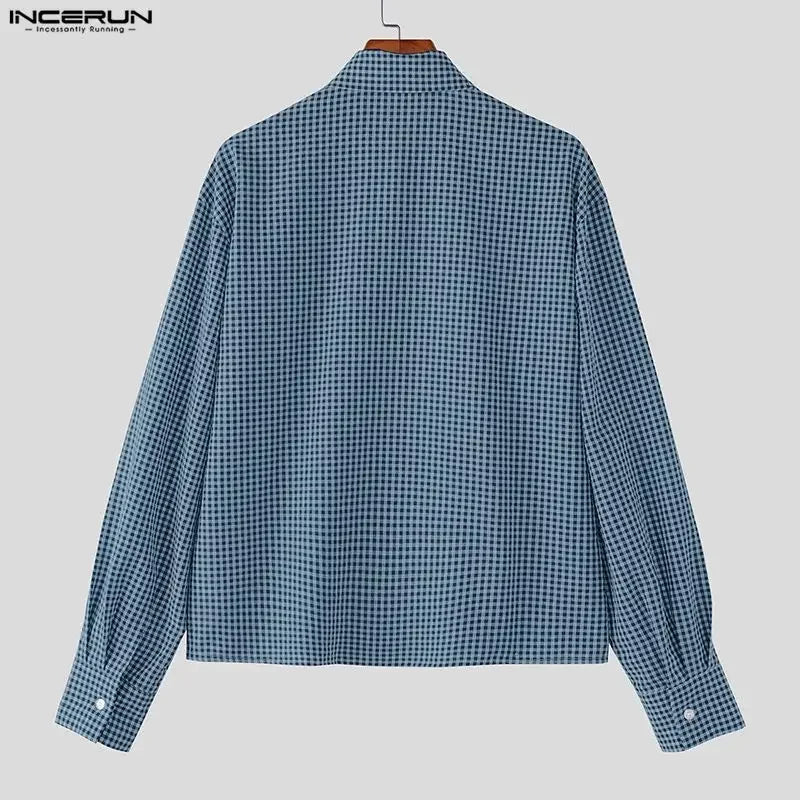 INCERUN Men Plaid Shirt Lapel Long Sleeve Patchwork Loose Men Clothing Streetwear 2026 Spring Fashion Casual Tops Male Shirts