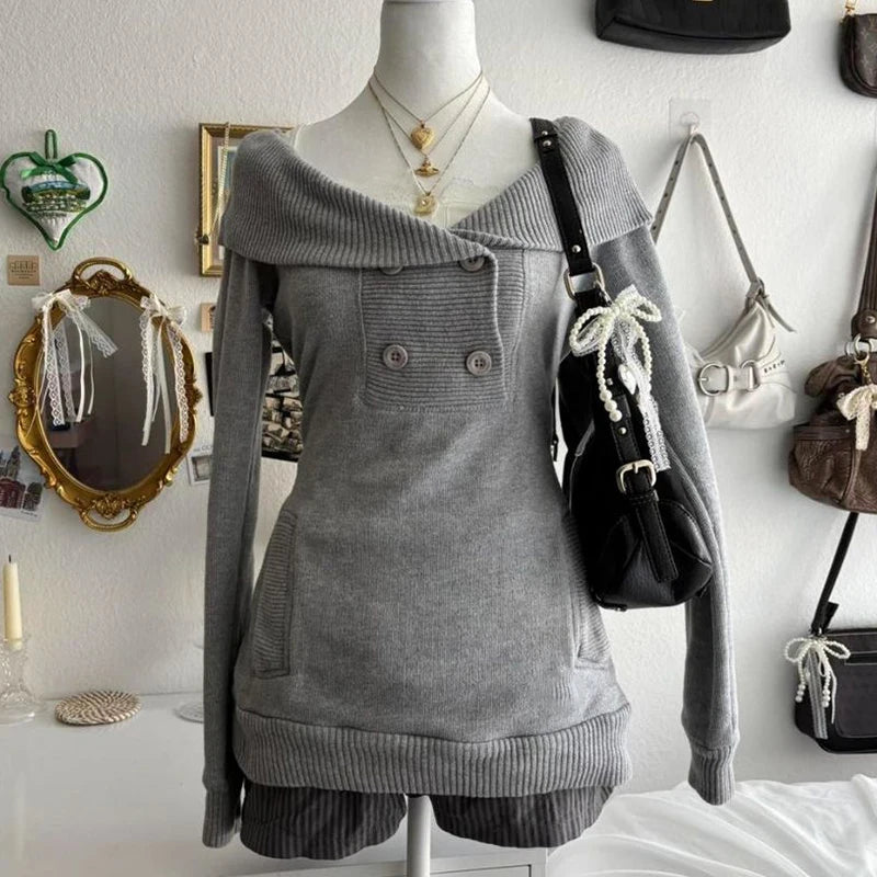 NEW Fall Winter Sweater Casual Slim Fit Chic Solid Color Ribbon Decoration One-shoulder Pullover Y2K Harajuku Womens Streetwear