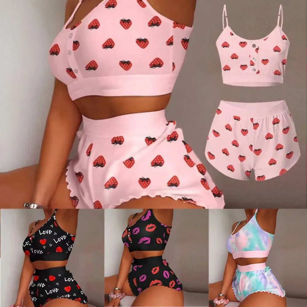 Creative Multiple Print Women Pajama Set Sleeveless Comfortable Sleepwear Set Breathable Suspender Style Pajama Shorts Set