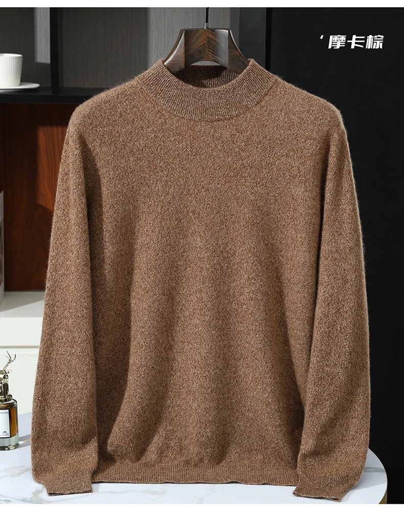 Autumn/Winter Men's 100% Pure Cashmere Pullover Business Casual Solid Knitted Sweater Loose Half High Neck Tops Thick Jumper