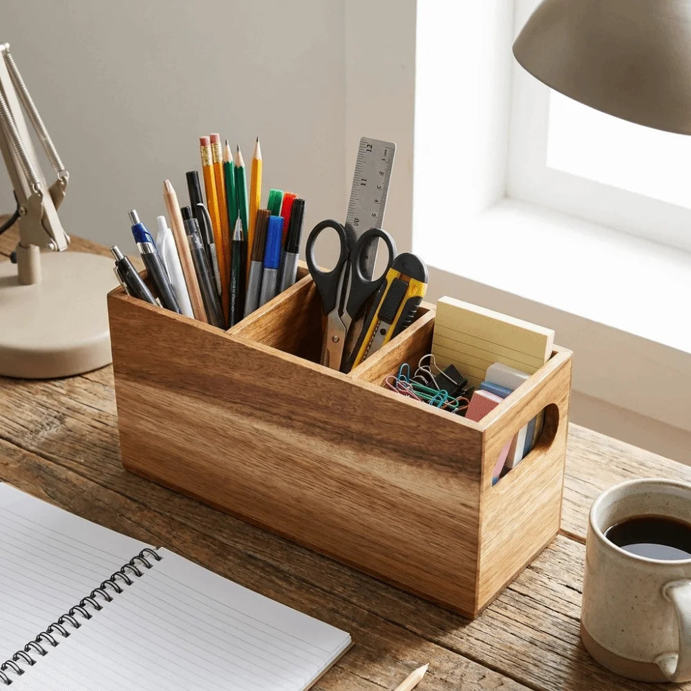 Kitchen Tools Wooden Utensil Organizer Space Saving 3 Compartment Cutlery Holder Rustic Durable Storage Rack Kitchen