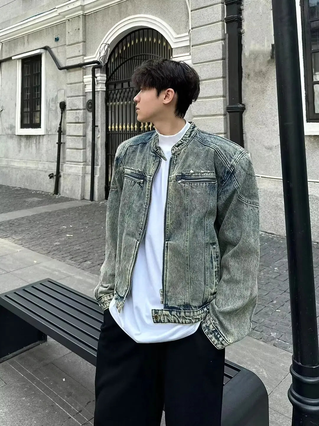 American Vintage Washed Cropped Denim Jacket, Metal Collarless Jacket For Men