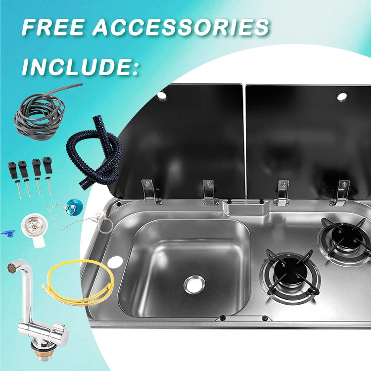 JDA RV Sink with Dual-Burner Gas Stove Combo Built-in Camper Van, Caravan & Motorhome Kitchen Unit 304 Stainless Steel CE