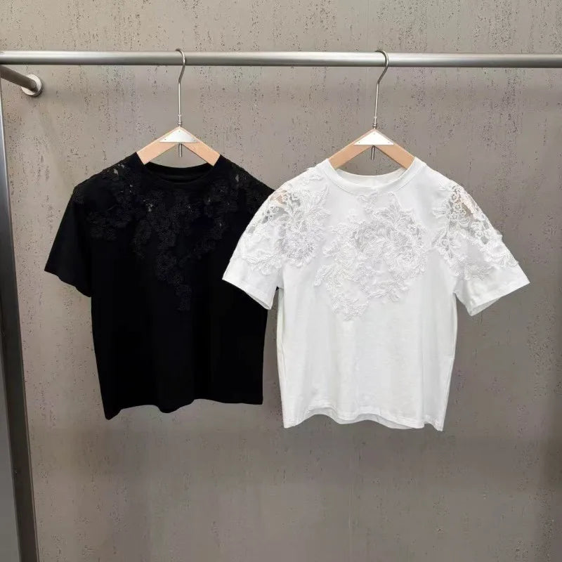 New 2026 Summer Women Casual T Shirts Short Sleeve Spliced Lace Embroidery Solid Color Ladies Fashion O Neck Pullover Tees Tops