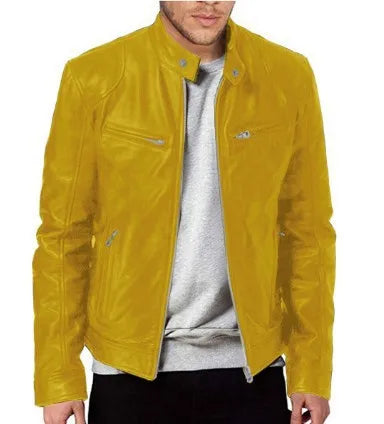 Winter Stand Collar Zip-Up Pocket PU Leather Jacket Men's Slim Business Casual