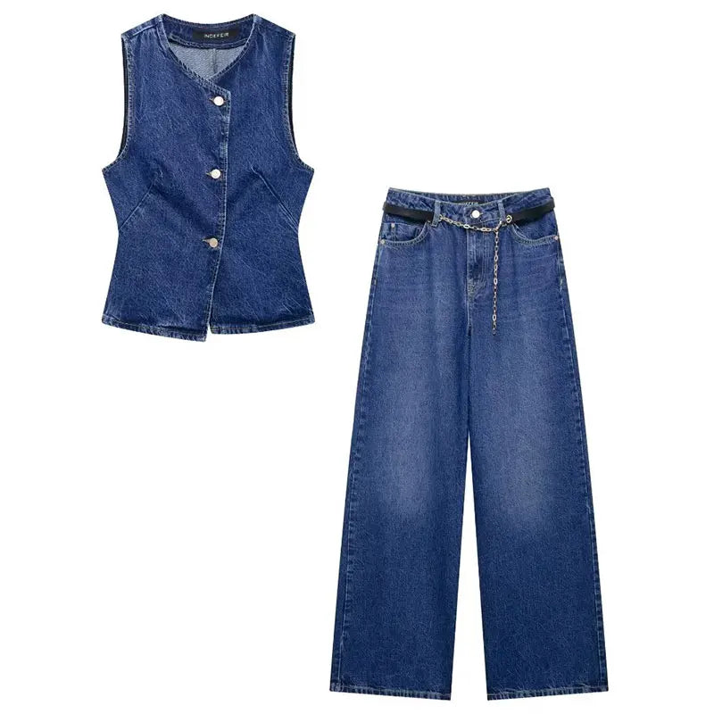 HH 2025 Summer Women Fashion Denim Trousers Set Solid Cropped Vest Top + Chain Lace Up Versatile Female Wide Leg Long Pant