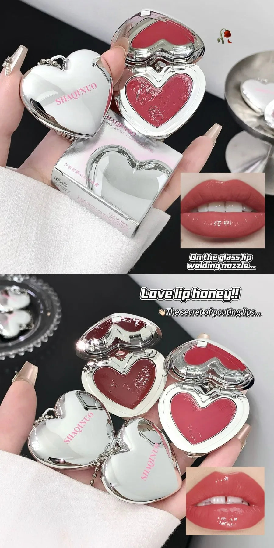 SHAQINUO Heart Shape Water Light Lip Llaze Mirror Pendant Lipstick Lip Gloss, Hydrating Moisturizing, Long Lasting