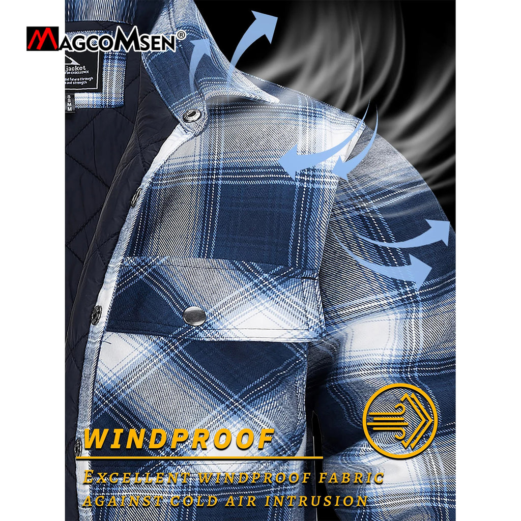 MAGCOMSEN Flannel Shirt with Quilted Lined Jacket Mens Long Sleeve Plaid Shirt Coat Button Down Outerwear Winter Male