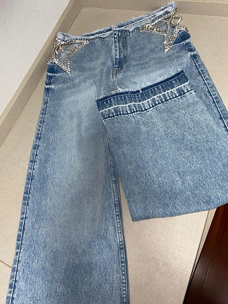 Y2k Two Hollow Out Star Ripped Jeans Women Casual 2026 Hot Sell Denim Pants American Streetwear Wide Leg High Waist Baggy Jeans