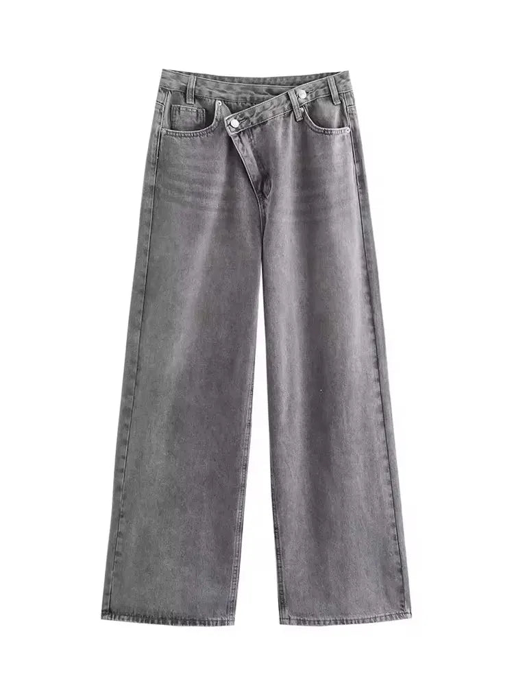 HH Women Trendy Cross Waist Wide Leg Jeans Asymmetrical Button Fly High Waist Baggy Denim Pants For Streetwear Y2K Outfits