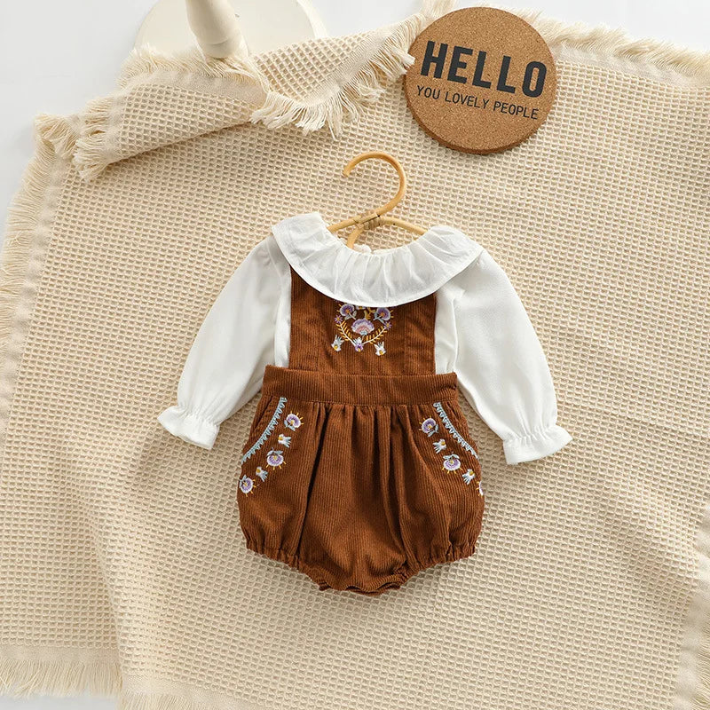 2025 Spring New in Kids Infant Cute Clothes Baby Cotton Solid Color Ruched Top Shirts + Embroidery Flower Bodysuits Newborn 2pcs