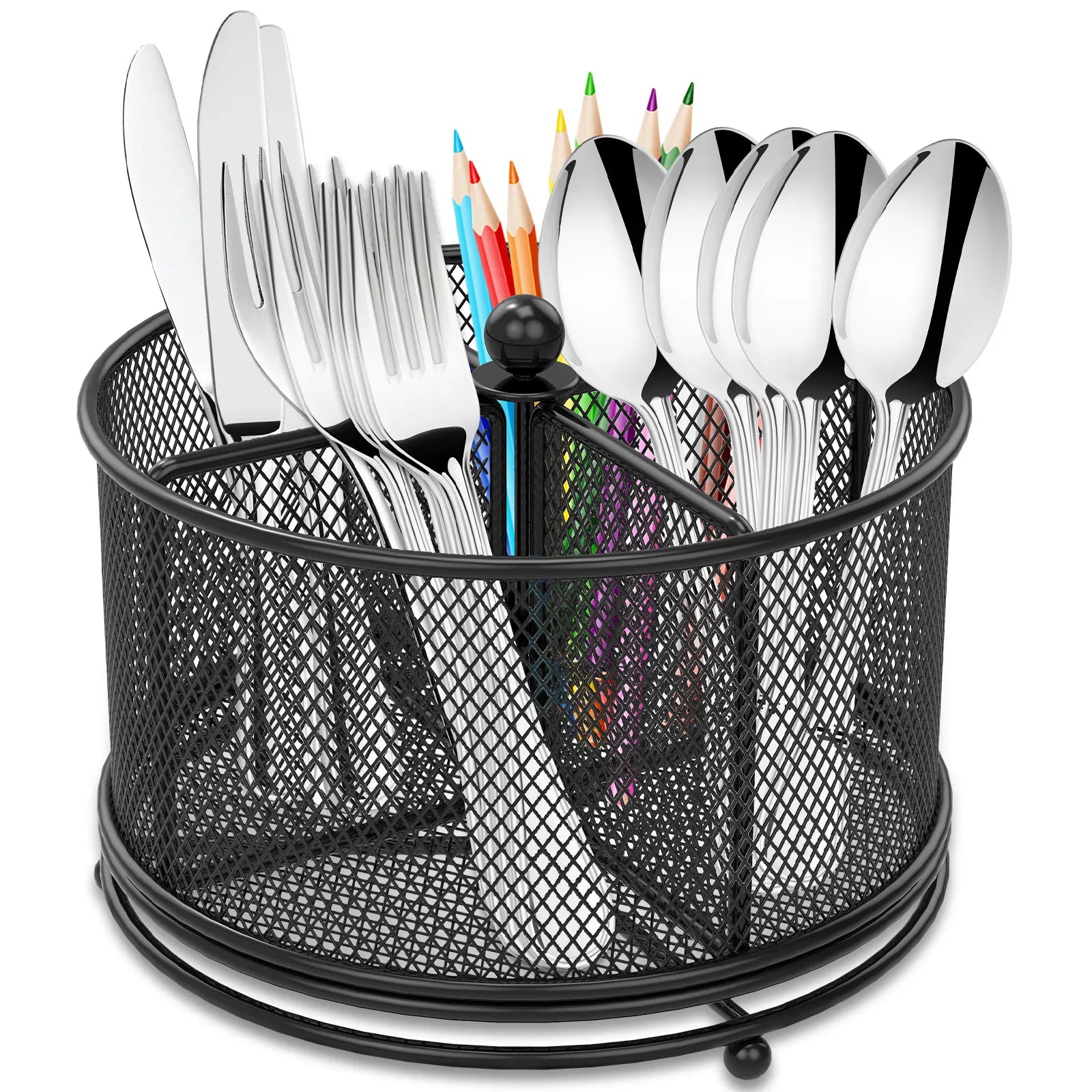360°Rotating Utensil Caddy Kitchen Utensil Holder 6.7×6.7×5.1 Inch Metal Utensil Organizer 4-Compartment Metal Utensil Caddy