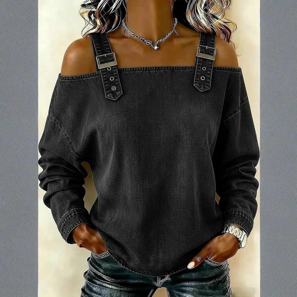 Women's Denim Top, Stylish Off-the-shoulder Long-sleeved Top with Shoulder Straps, Elegant and Versatile Denim Shirt, Streetwea