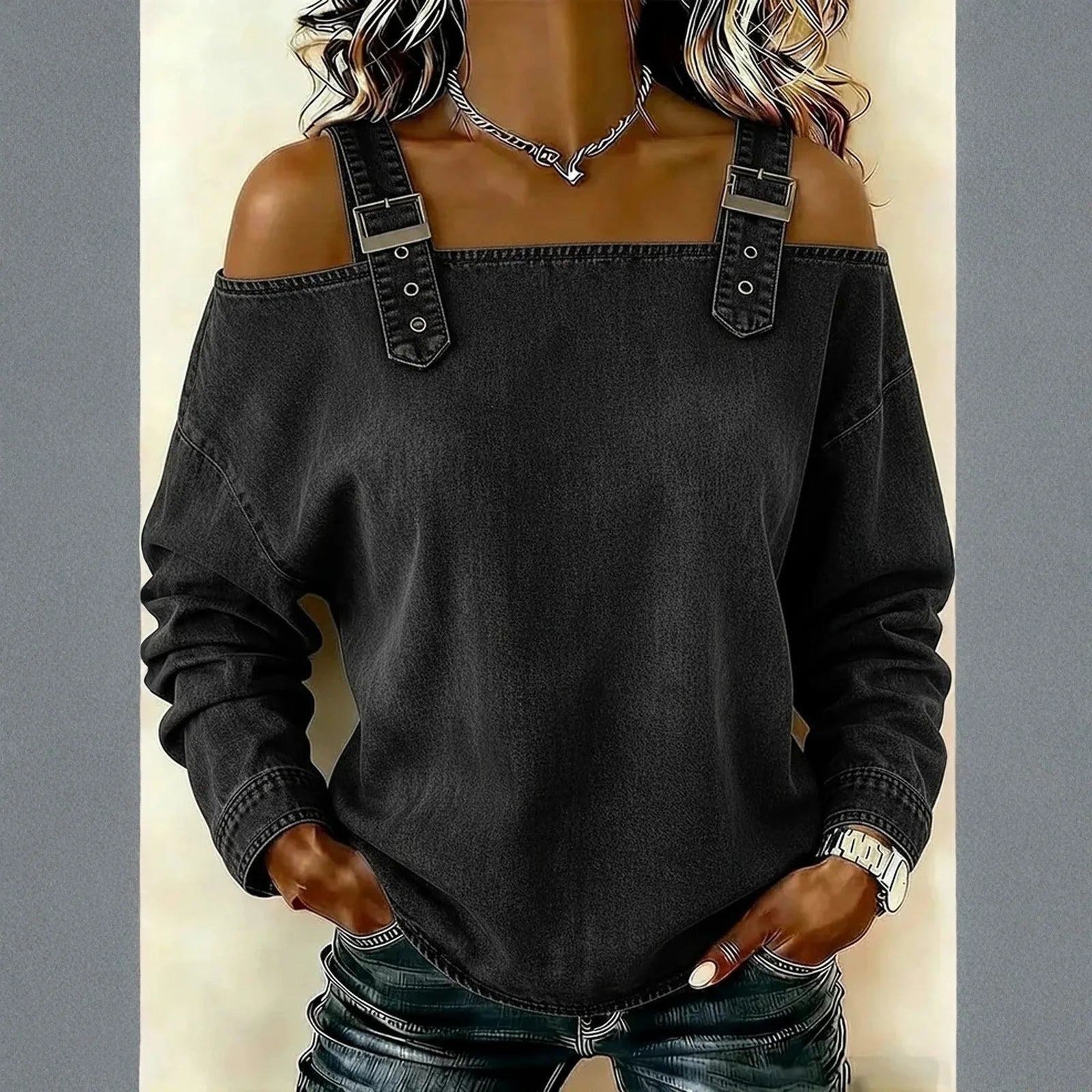Women's Denim Top, Stylish Off-the-shoulder Long-sleeved Top with Shoulder Straps, Elegant and Versatile Denim Shirt, Streetwea