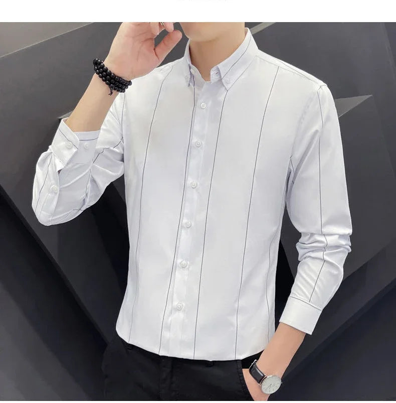 Stylish Men's Striped Shirt Printed Casual Business Dress Shirts Long Sleeve All-Match Slim Fit Fashion Korean Streetwear Shirts