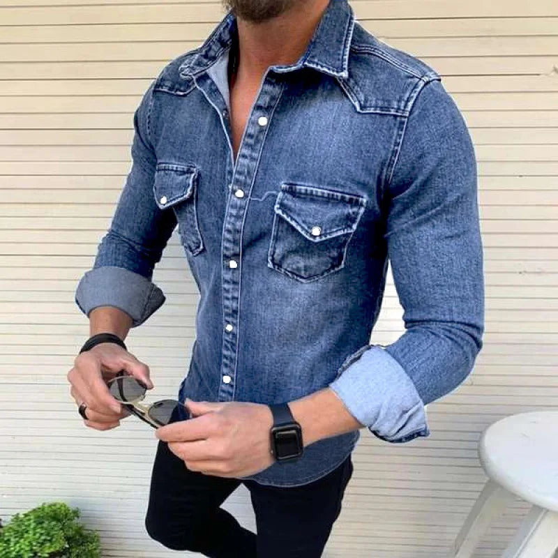 Denim Shirt Men Long Sleeve Washed Spring Summer Jean Tops