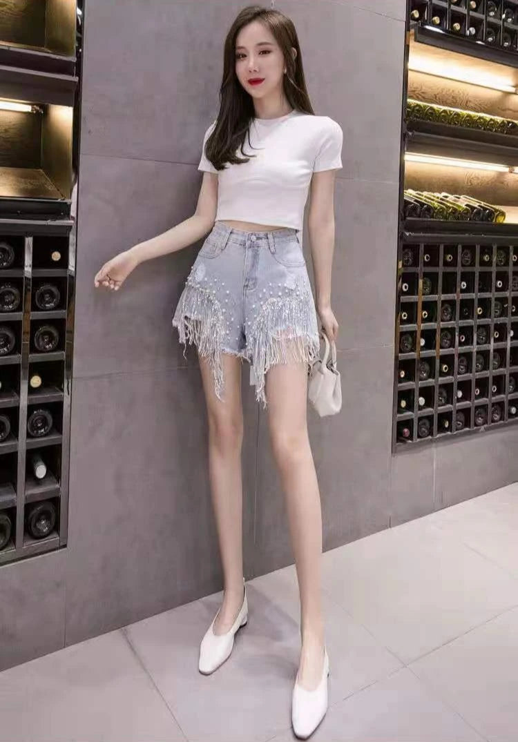 2026 Stylish High Waist Denim Shorts Women's Crystal Studded Fringe Detailed Craftsmanship Summer Fashion Shorts