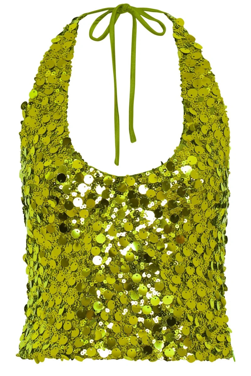 Women Low-Cut Y2K Sequins Crop Tops Halter Neck Tie Backless Tank Top Summer New Sexy Nightclub Party Clothes