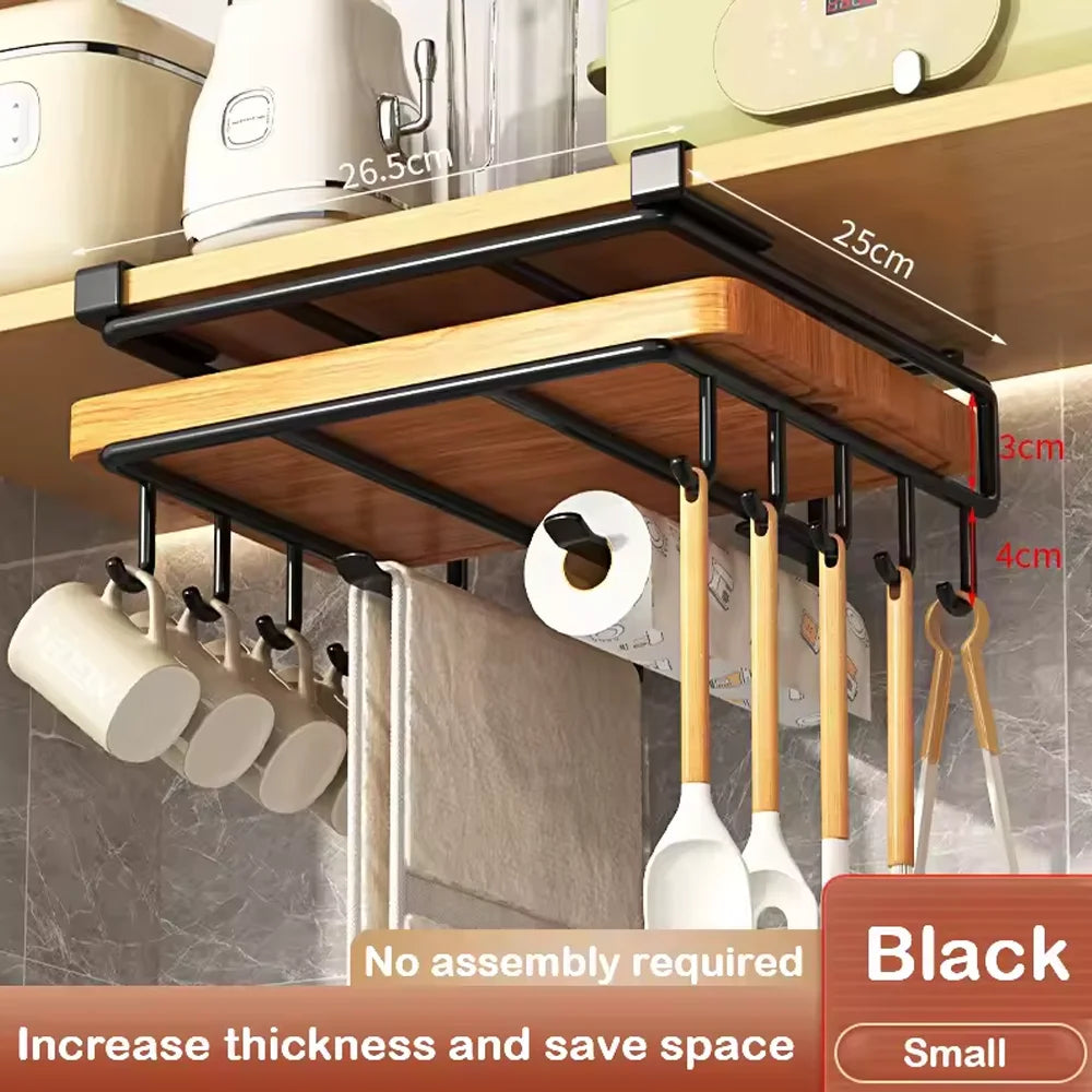 Kitchen Under Cabinet Hanging Organizer Rack with Hooks Multi-Purpose Holder for Paper Towel Cutting Board & Pot Lids