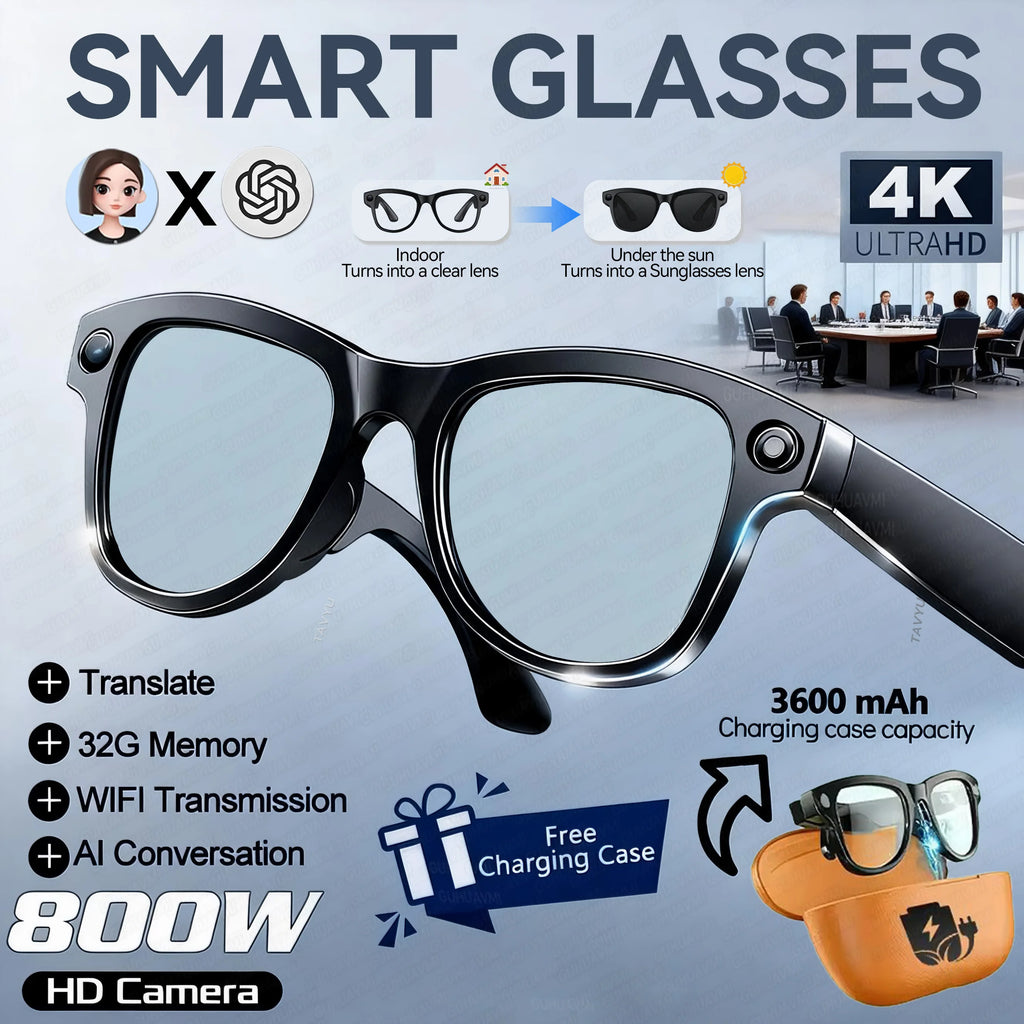 2026 AI Smart Glasses With 8MP Camera AI Voice Contorl Photo Recognition Shooting Video 150+Translation Photochromic Glasses Men