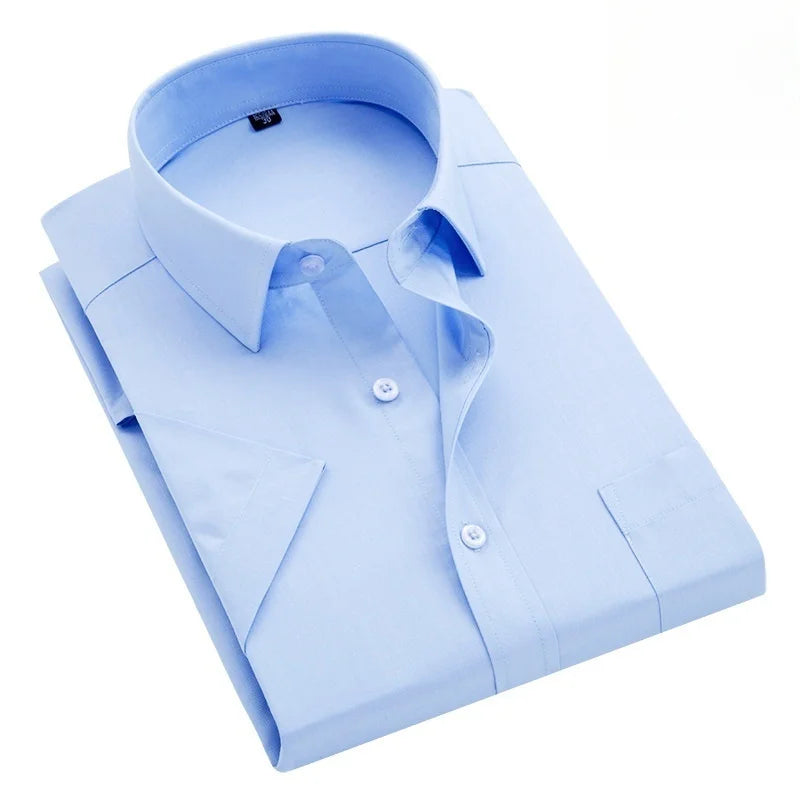 Men Formal Shirt Short Sleeve Office Solid Color Striped Fashion Business Pocket White Social Shirt Men's Clothing 5XL 6XL
