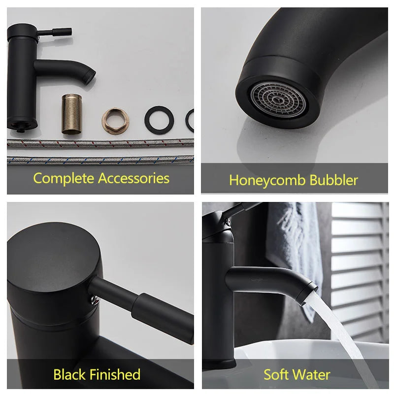 Matte Black Bathroom Faucet Minimalist Hot Cold Water Sink Mixer Tap Deck Mount Stainless Steel Basin Faucet Single Hole Tapware