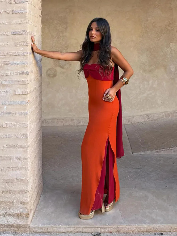 2026 Summer Elegant Maxi Slip Dress Twist Front Spaghetti Strap Slit Bohemian Wedding Guest Cocktail Party Vacation Women Gown