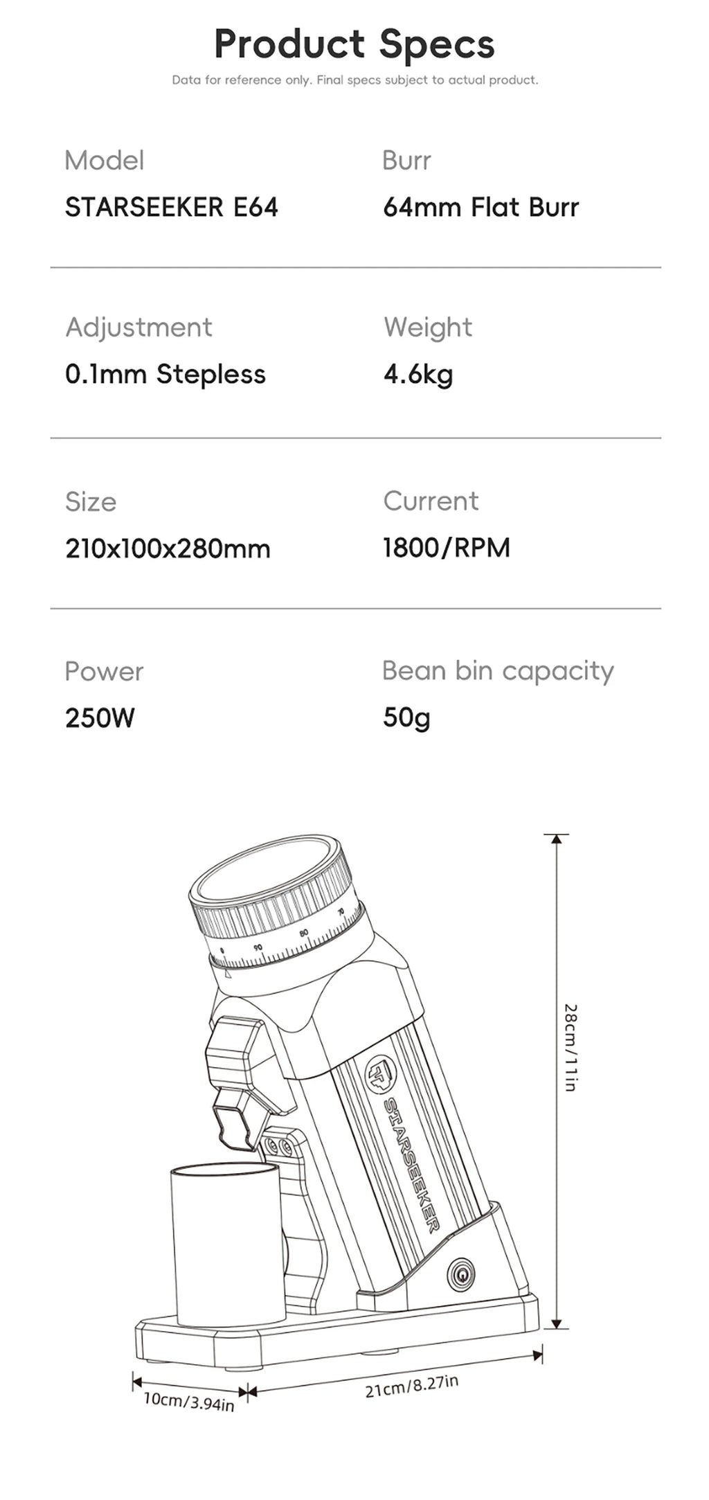 STARSEEKER E64 Electric Coffee Grinder 64MM Espresso Titanium Flat burr Stepless Fineness Adjustment Home Bean Grinder Black