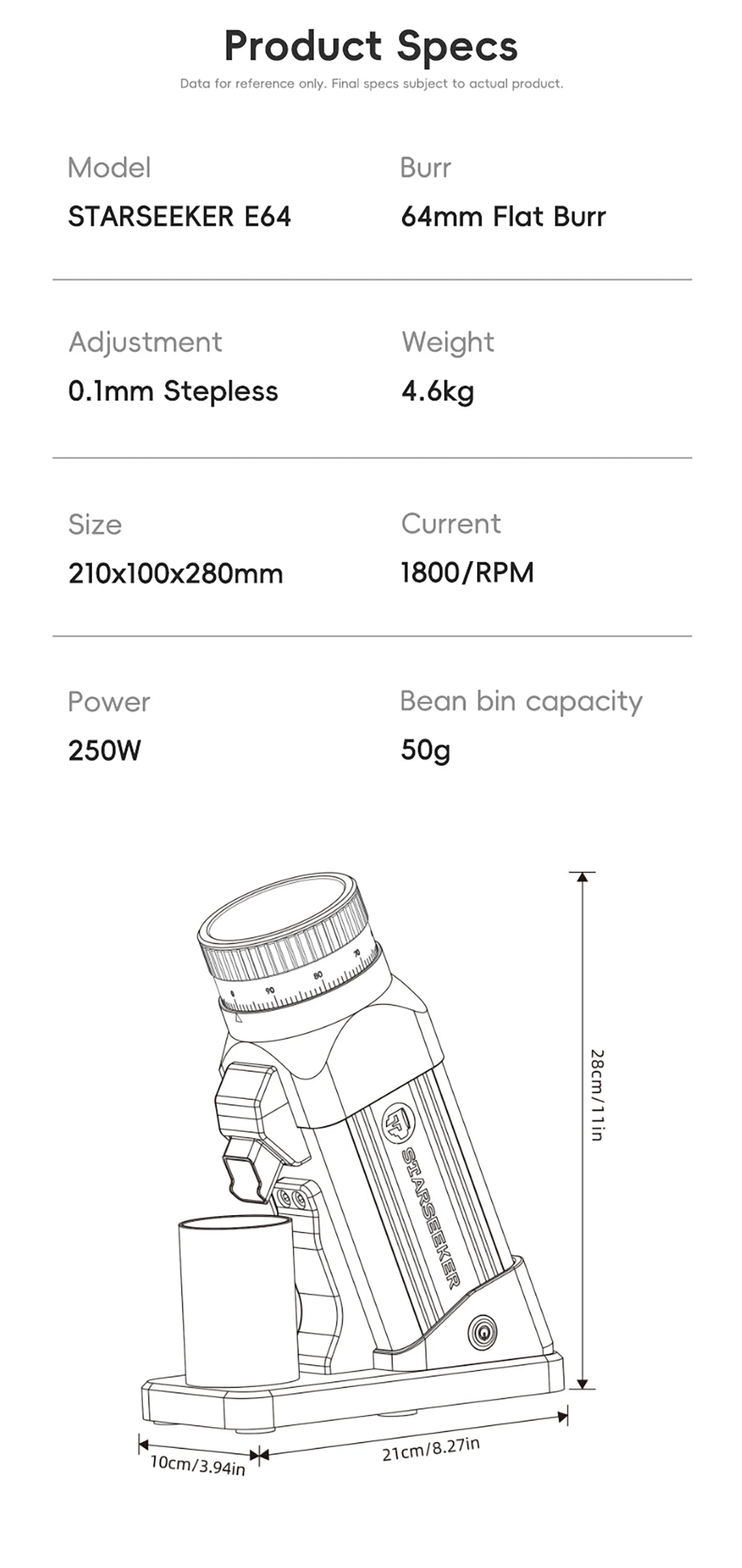 STARSEEKER E64 Electric Coffee Grinder 64MM Espresso Titanium Flat burr Stepless Fineness Adjustment Home Bean Grinder Black