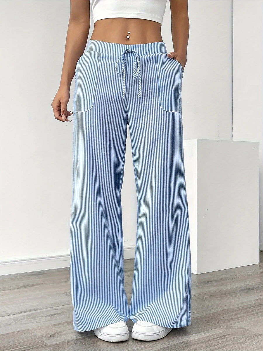 Women's Vertical Striped Wide Leg Pants High Waist Drawstring Loose Casual Trousers Autumn Elastic Waist Trousers with Pockets