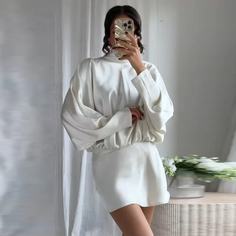 Elegant Lace Up Satin Short Dress Women Pleated Half High Collar Long Sleeve Female Dresses 2025 Autumn Lady Evening Robes