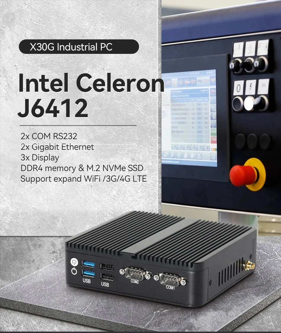 2LAN2COM Industrial Mini PC with Celeron J6412/N100 Support Windows10/11 Linux Pfense with 4xUSB 1xDP1.4 2xHDMI2.0 Computer