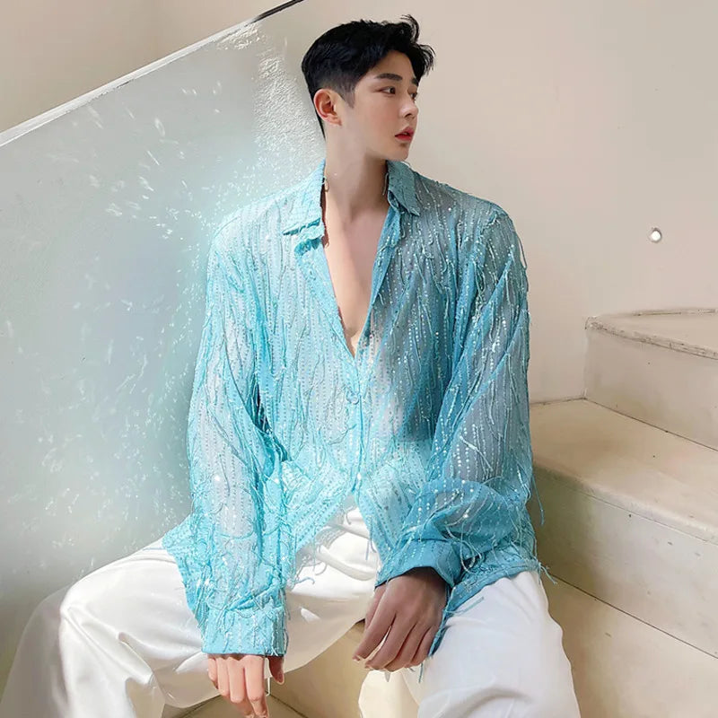 IEFB Spring Summer Men's Shirt Long Sleeve New Irregular Sequin Tassel Shirts Niche Streetwear Korean Style Male Top Tide 9Y7232
