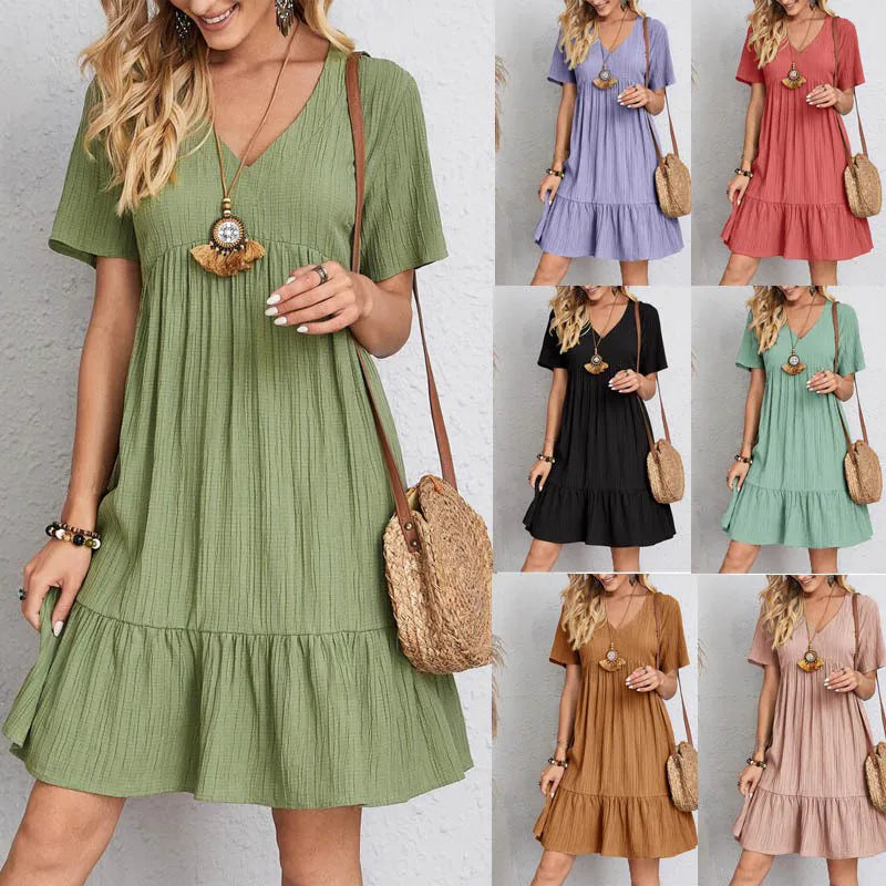 2023 Faion Women's Casual Dr Skirt Lady's Clothing Polyester Fiber A-Line Skirt ort Sve V-Ne Loose Waist Summer D...