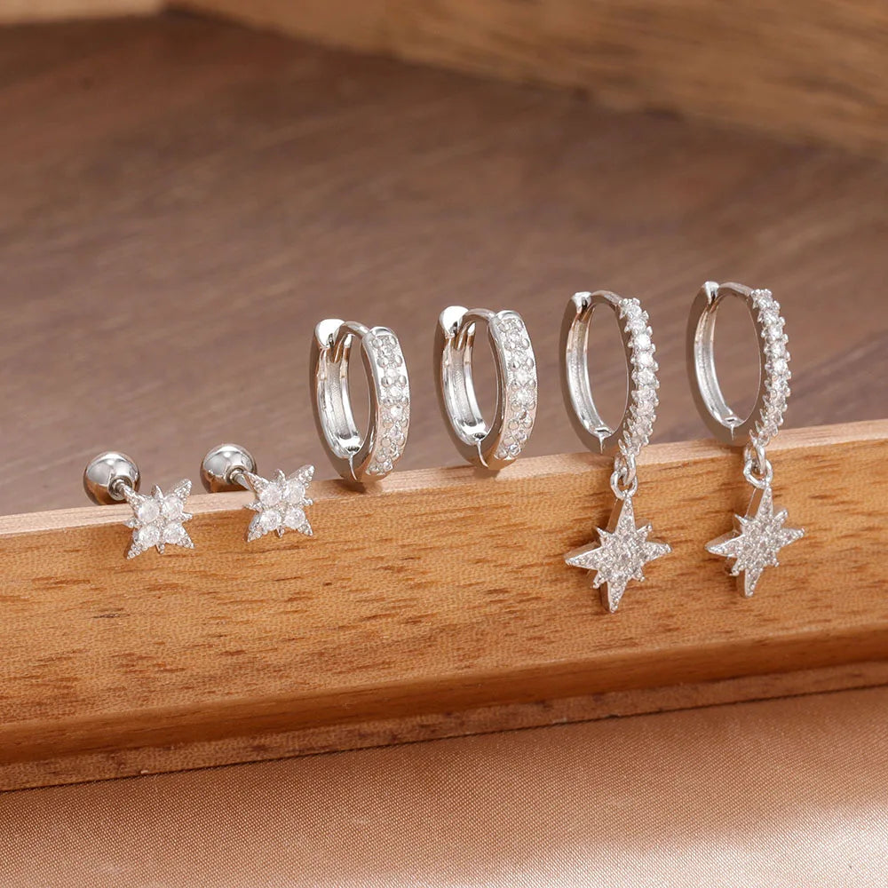 3 Pairs Stainless Steel Zircon Hoop Earrings Set Trendy Twinkle Star Ear Stud Earring Jewelry Prevent Allergy Party Accessories