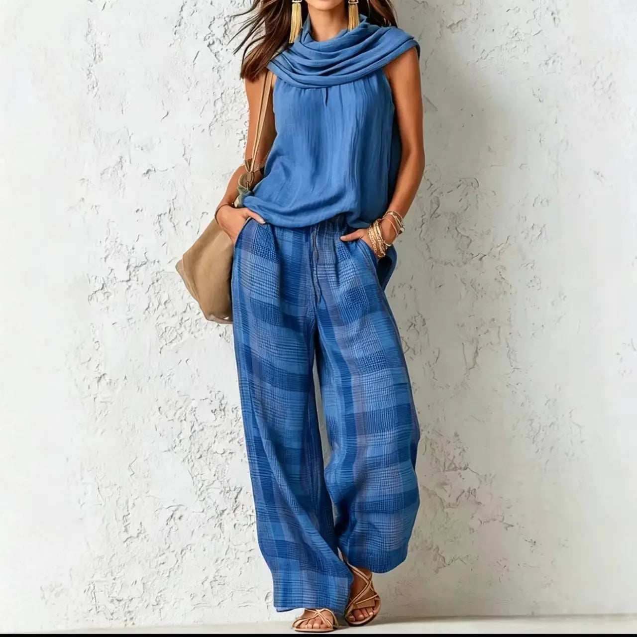 Women’s Casual Pants Set Sleeveless Draped Neck Top and High Waist Plaid Wide Leg Trousers 2 Piece Suit for Office Vacation Club