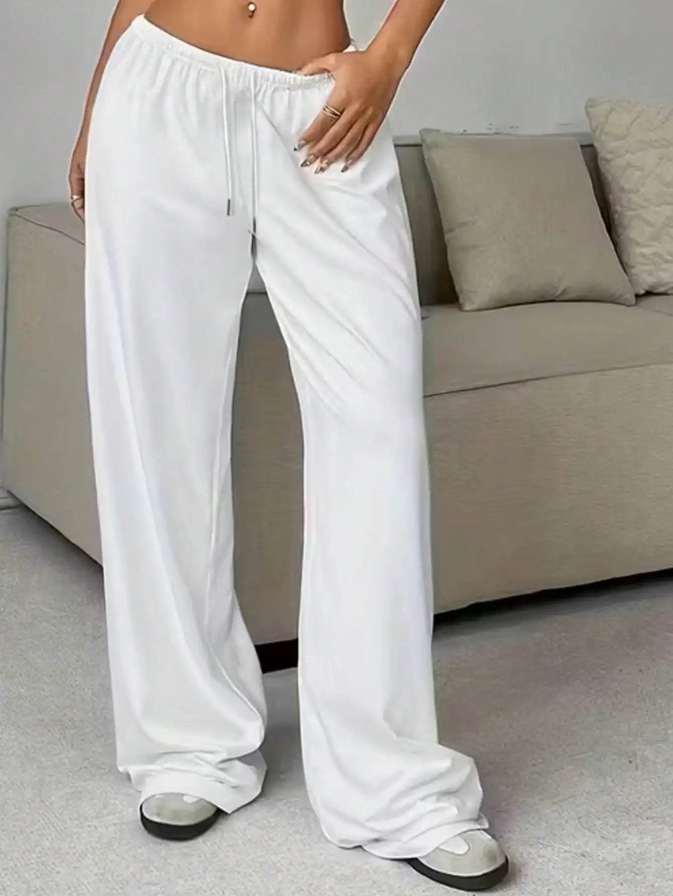 2026 Women's Casual Four Seasons - Comfortable Loose Solid Color Drawstring Elastic Belt Wide Leg Running Pants