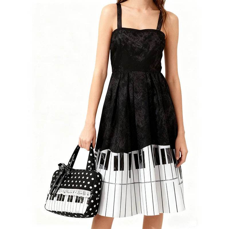 Polka Dot Piano Key Lace Ribbon Shoulder Bag,Contrast Color Patchwork Large Women Bowling Tote Bag,Y2k Girls Wave Point Handbag