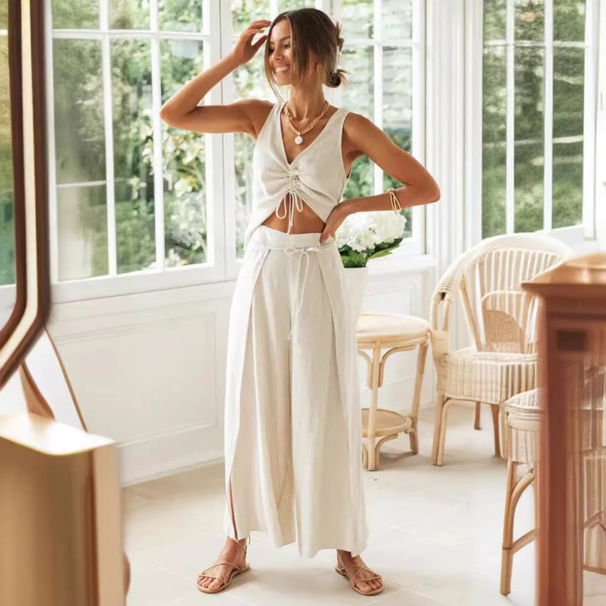 Women Sleeveless V Neck Two Piece Outfit Ruched Drawstring Crop Top High Waist Self Tie Wide Leg Pants Matching Set