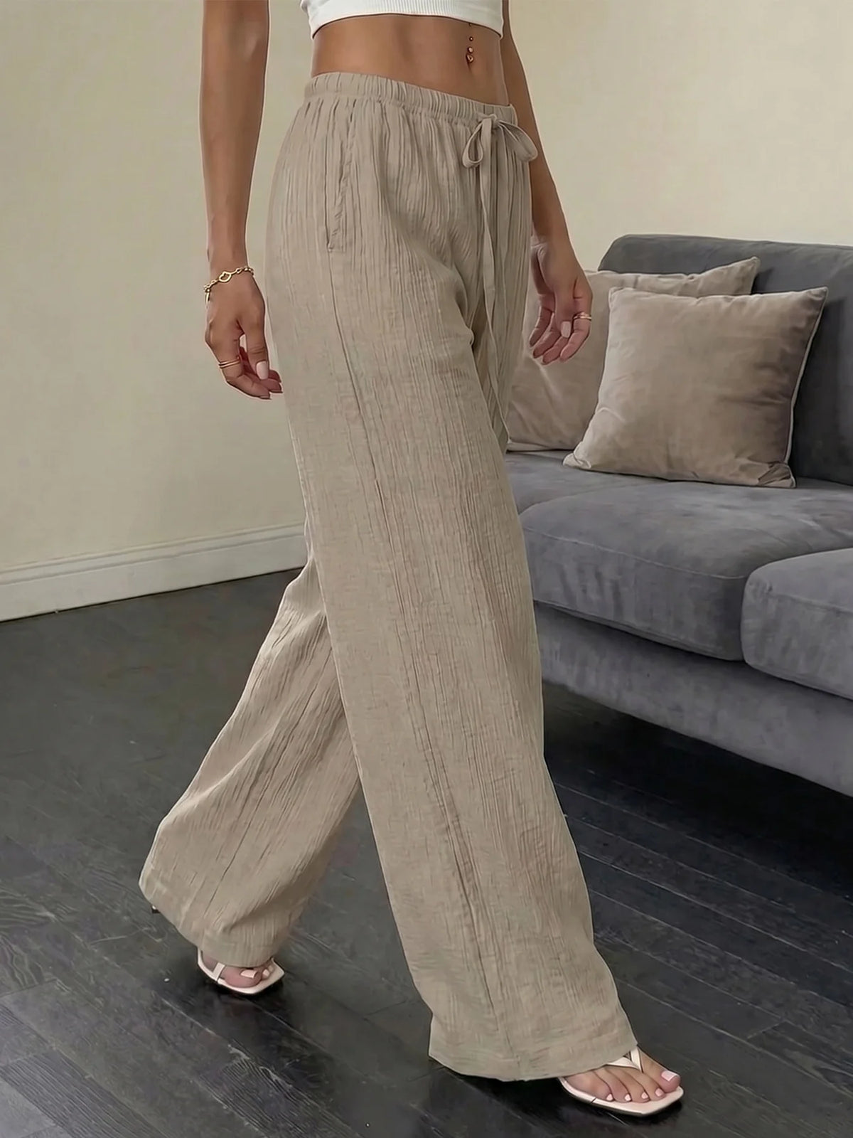 Women Crinkle Textured Wide Leg Pants Elastic Waist Loose Casual Lounge Trousers Soft Yoga Beach Vacation Flowy Pants
