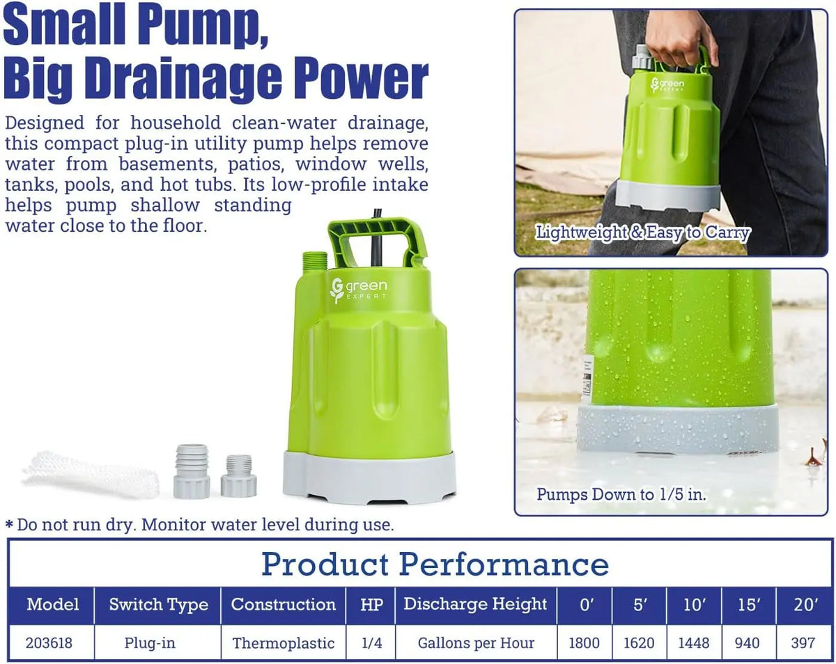 1/4HP Submersible Sump Pump 1800GPH, 28ft Max Head, Portable Utility Pump for Basement, Pool, Hot Tub & Garden Drainage