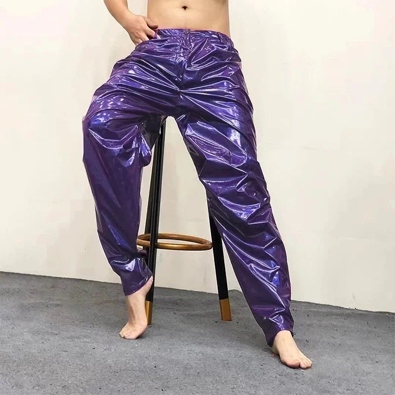 Men Mid Waist Shiny Faux Latex Leather Loose Hiphop Pants With Pocket Male Solid Color Stretch PVC Trousers Clubwear New Custom