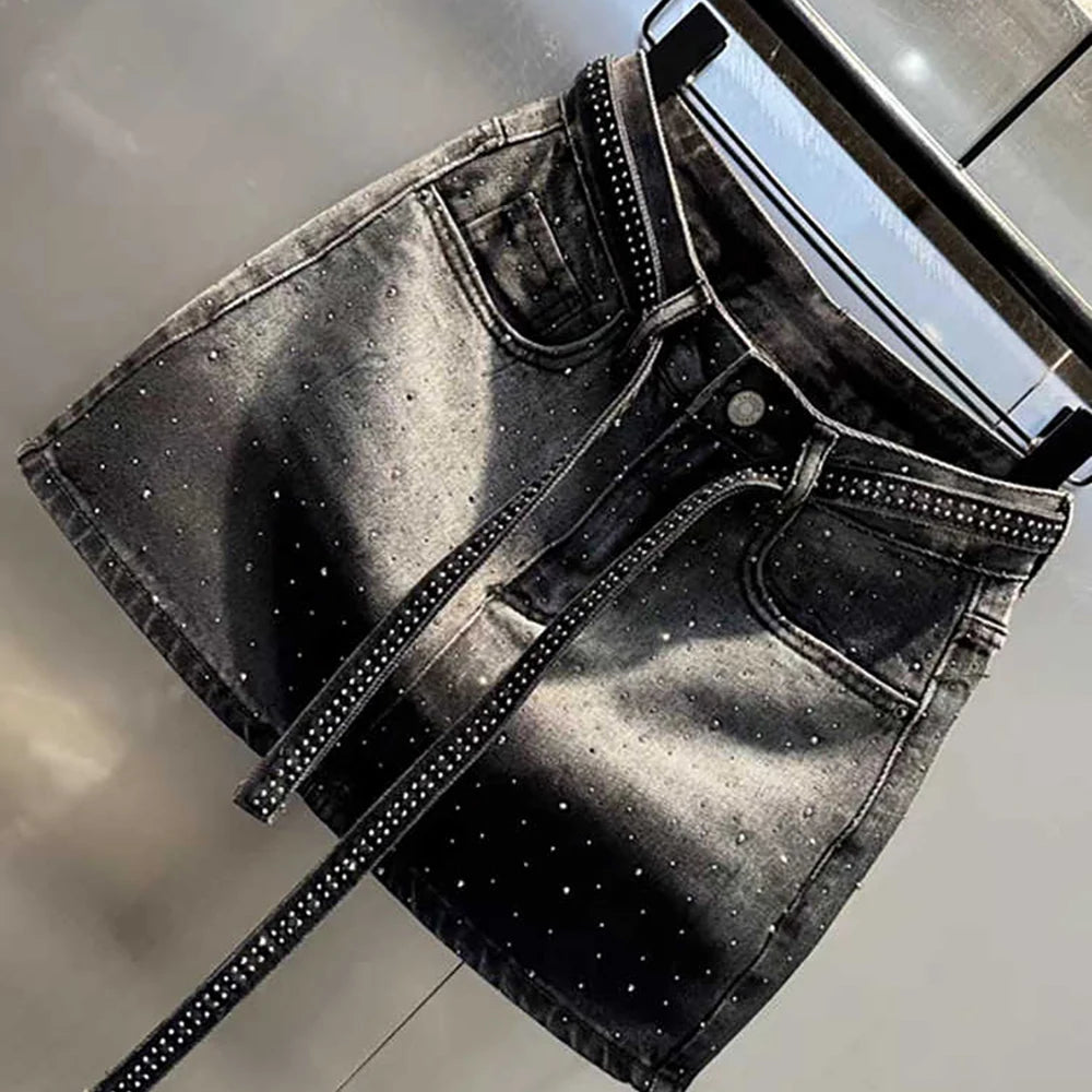 Oversize Retro Diamond Denim Mini Skirt for Women Summer High Waist Shiny Rivet Slim Skirts Gradient Black Grey Jean Skirts