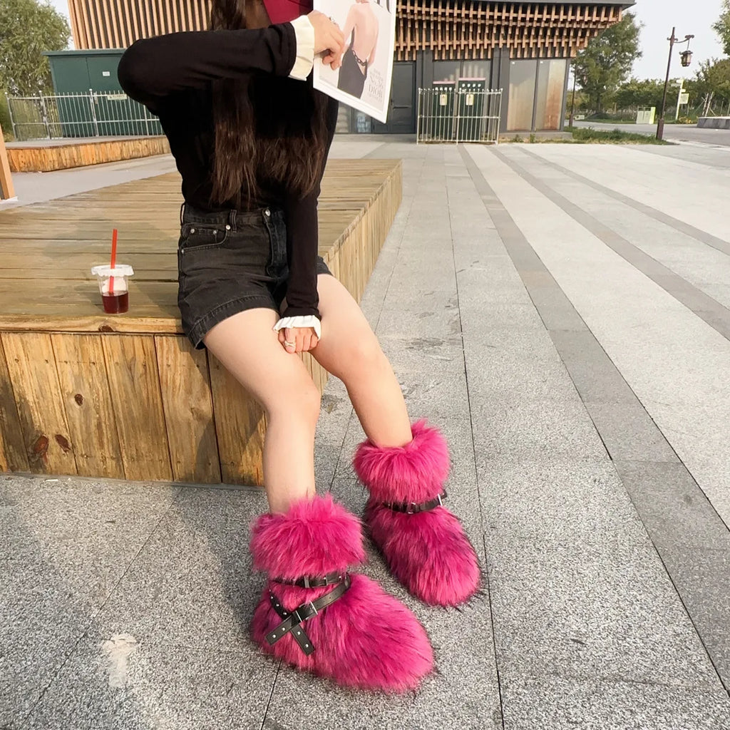 Winter Fur New Design Onepiece Raccoon FurFemale Snow Boots Fur shoes OutdoorMid Leg Boots y2k Cool Pink Girl