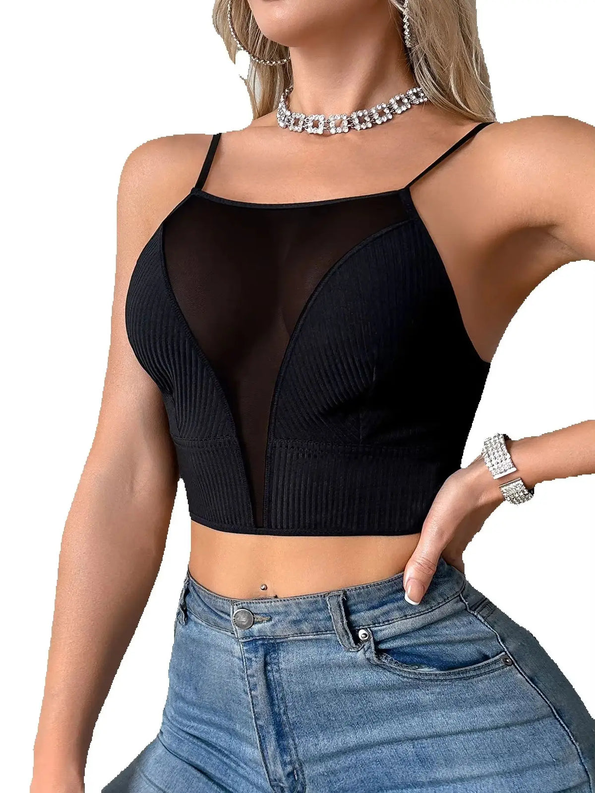 Women Sheer Mesh Cropped Camisole Top Ribbed Wireless Tank Top Thin Sexy Lingerie Bra