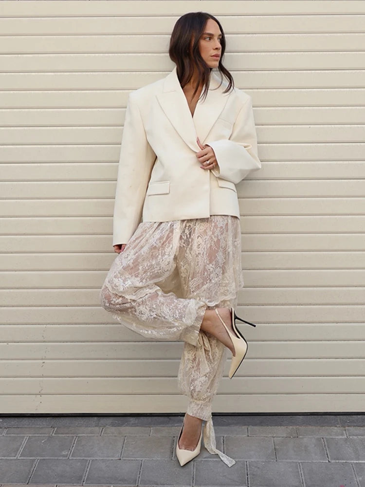 Sheer Floral Lace Tie Balloon Trousers High Waist 2026 Spring/Autumn Elegant Women Bottoms Fashion Chic Holiday Versatile Pants
