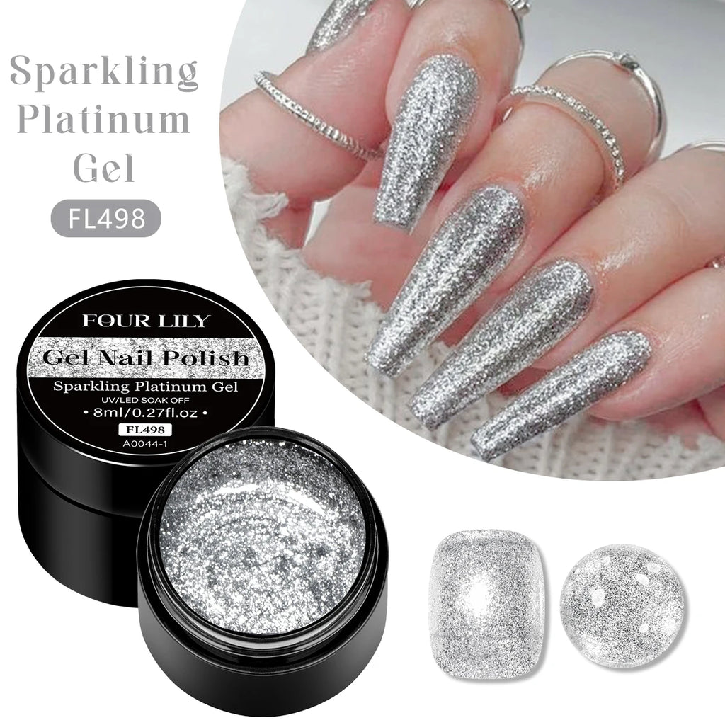 FOUR LILY 8ml Pink Glitter Sequins Gel Nail Polish Shiny Sparkling Platinum Semi Permanant Soak Off Nail Art Varnish Manicure