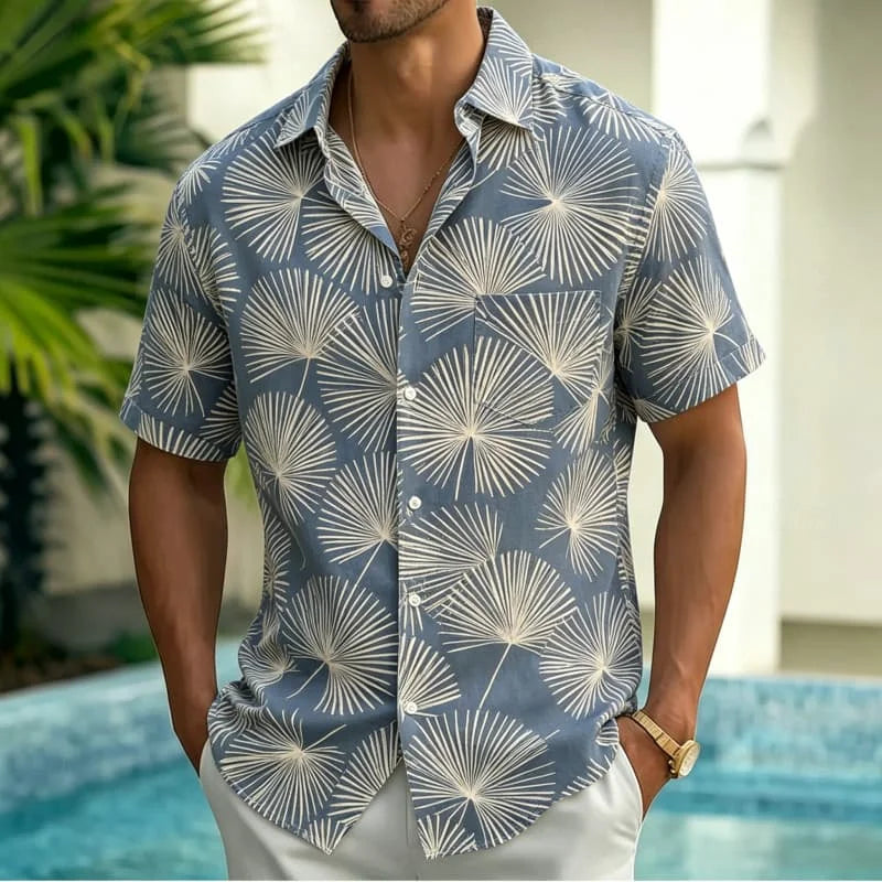 Men's Line Drawing Style Tropical Printed Short Sleeved Pocket shirt, Fresh And Simple style, For Vacation And Daily Wear